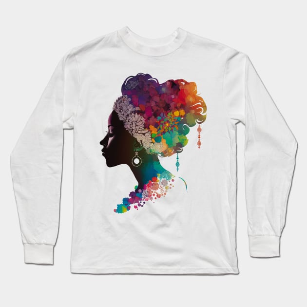 Silhouette of Woman with Colorful Hair Long Sleeve T-Shirt by daniel4510